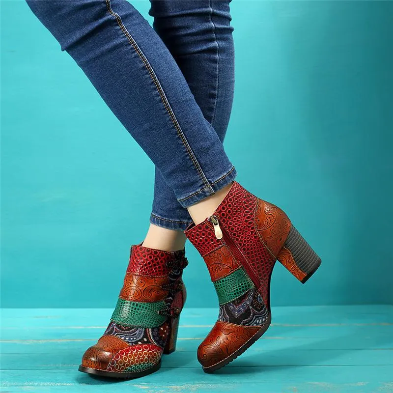 Ankle Boots Genuine Leather Retro Block High Heels