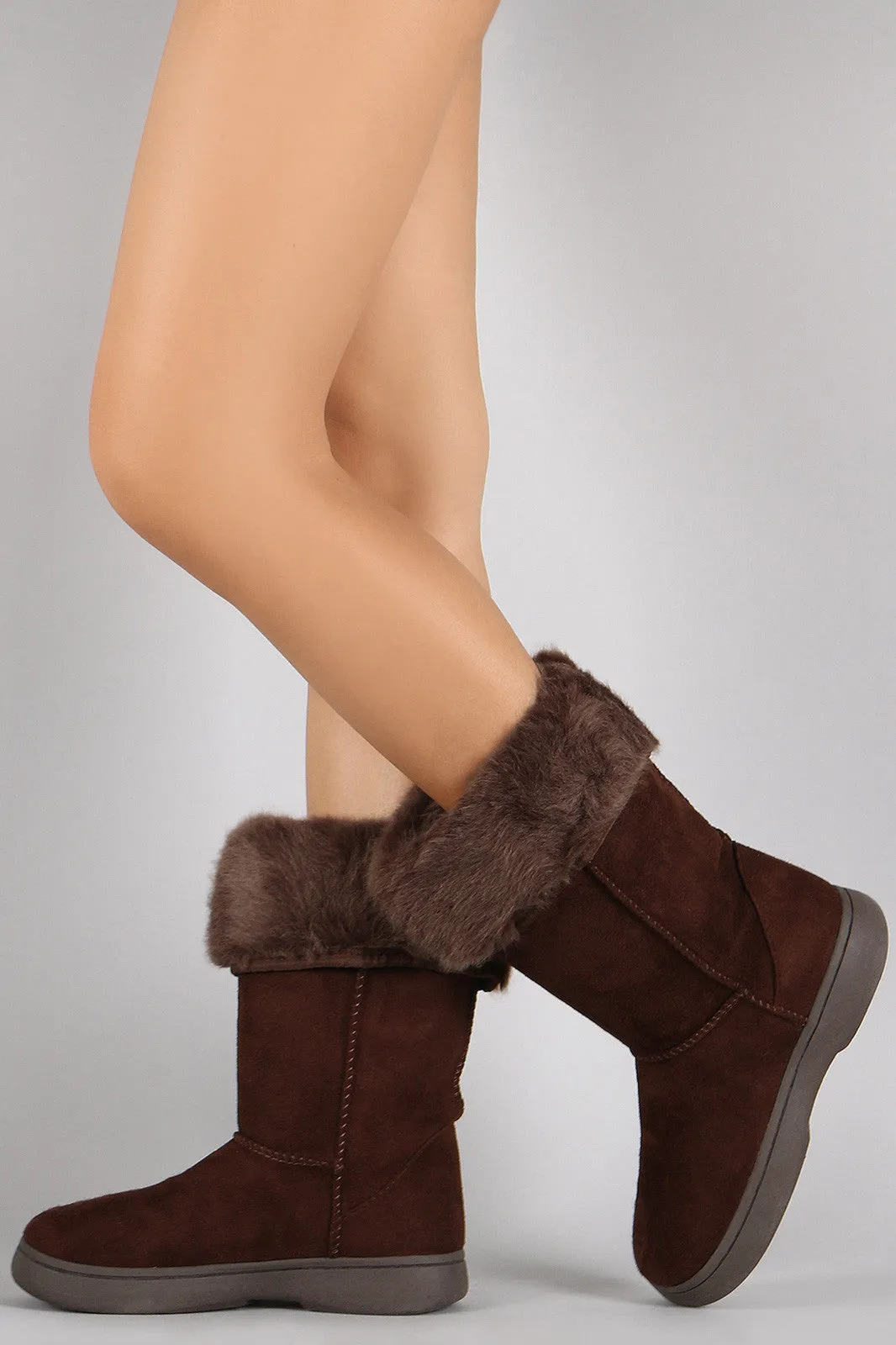 Bamboo Suede Fur Cuff Mid Calf Flat Boots