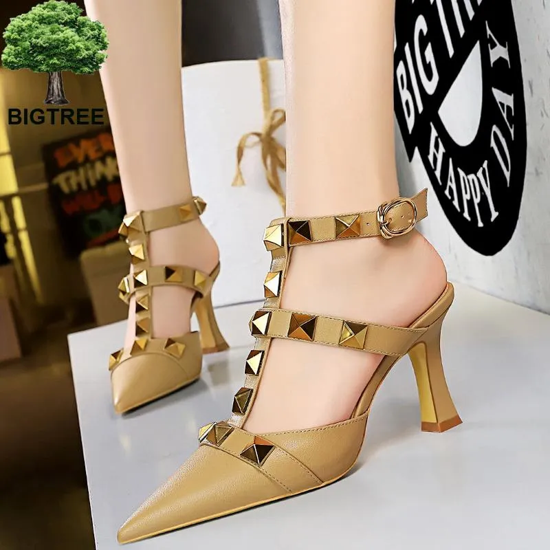 Bigtree Shoes Roman Style High Heels Metal Rivets Kitten Heels Women Pumps Sexy Party Shoes Summer Woman Sandals Heels Shoes