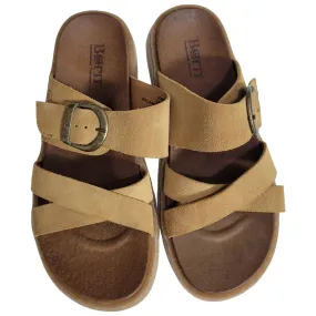 Born Caite Sandals Yellow Tan Leather Flats Wide Buckle Straps Slides Slip On Size 8