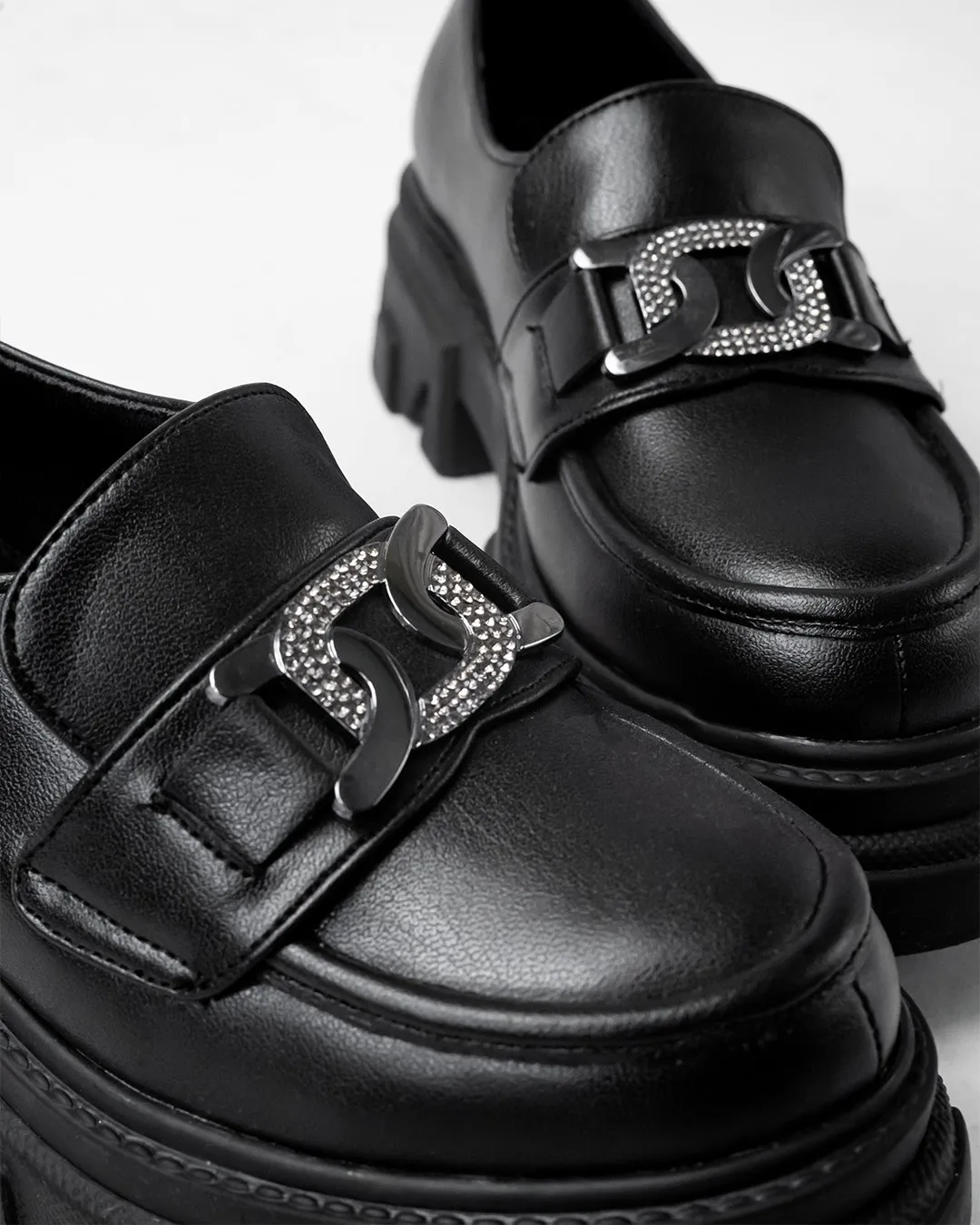 Chunky Buckle Detail Black Loafers