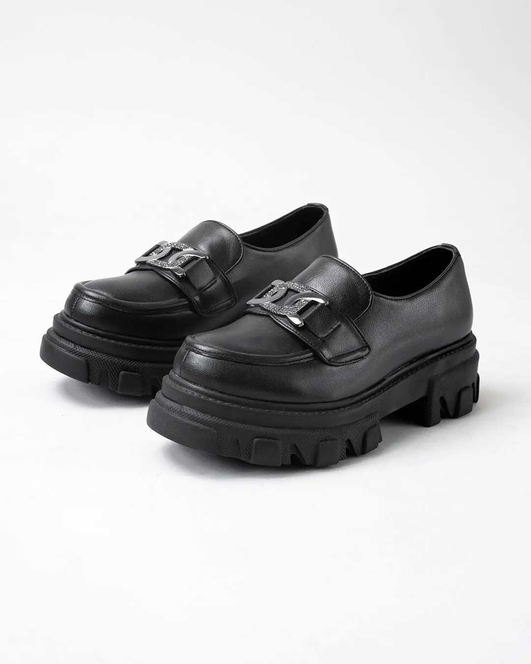 Chunky Buckle Detail Black Loafers