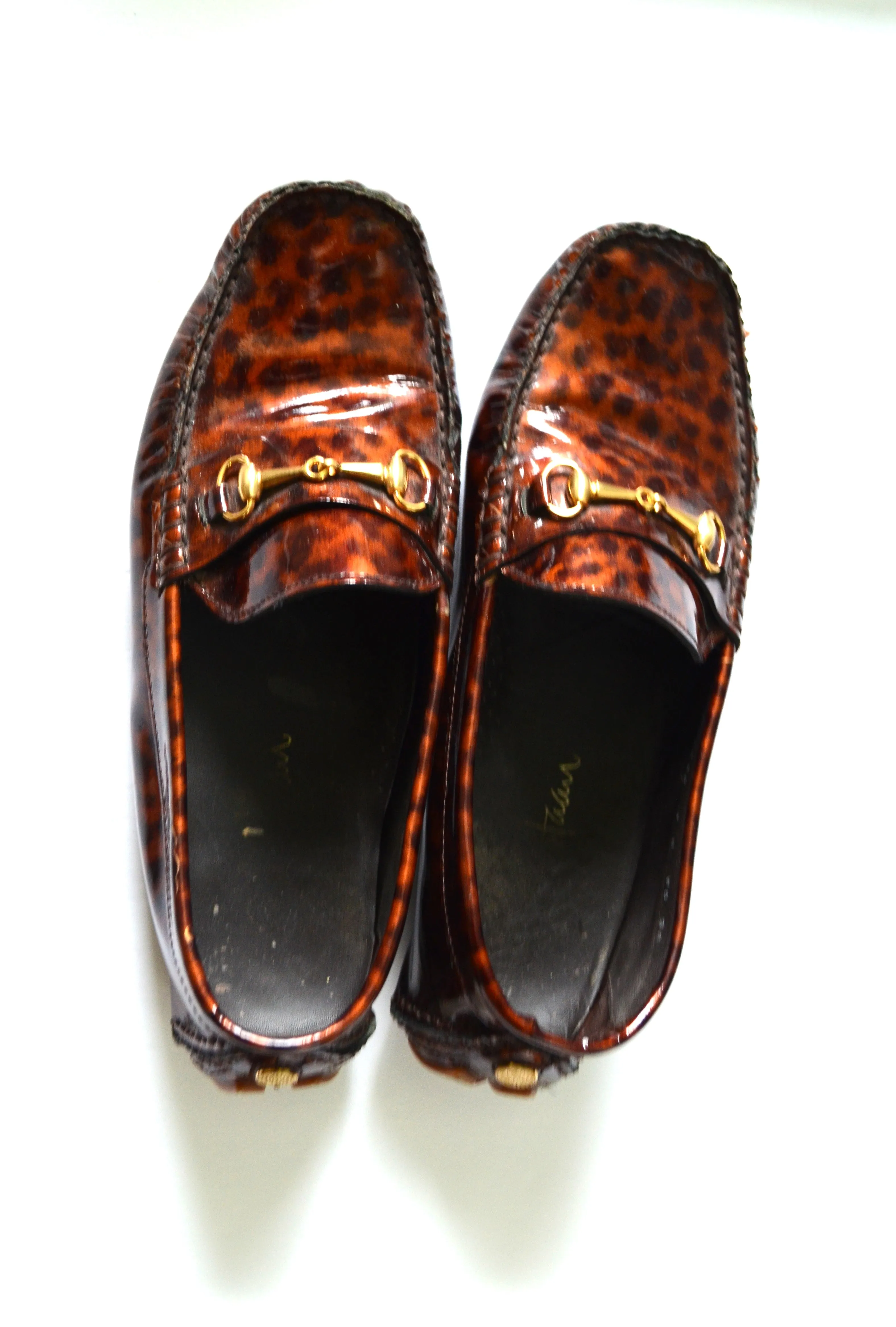 COLE HANN Brown Tortoiseshell patent leather Loafers gold Horsebit Authentic Shoes Women's size 38 Italy