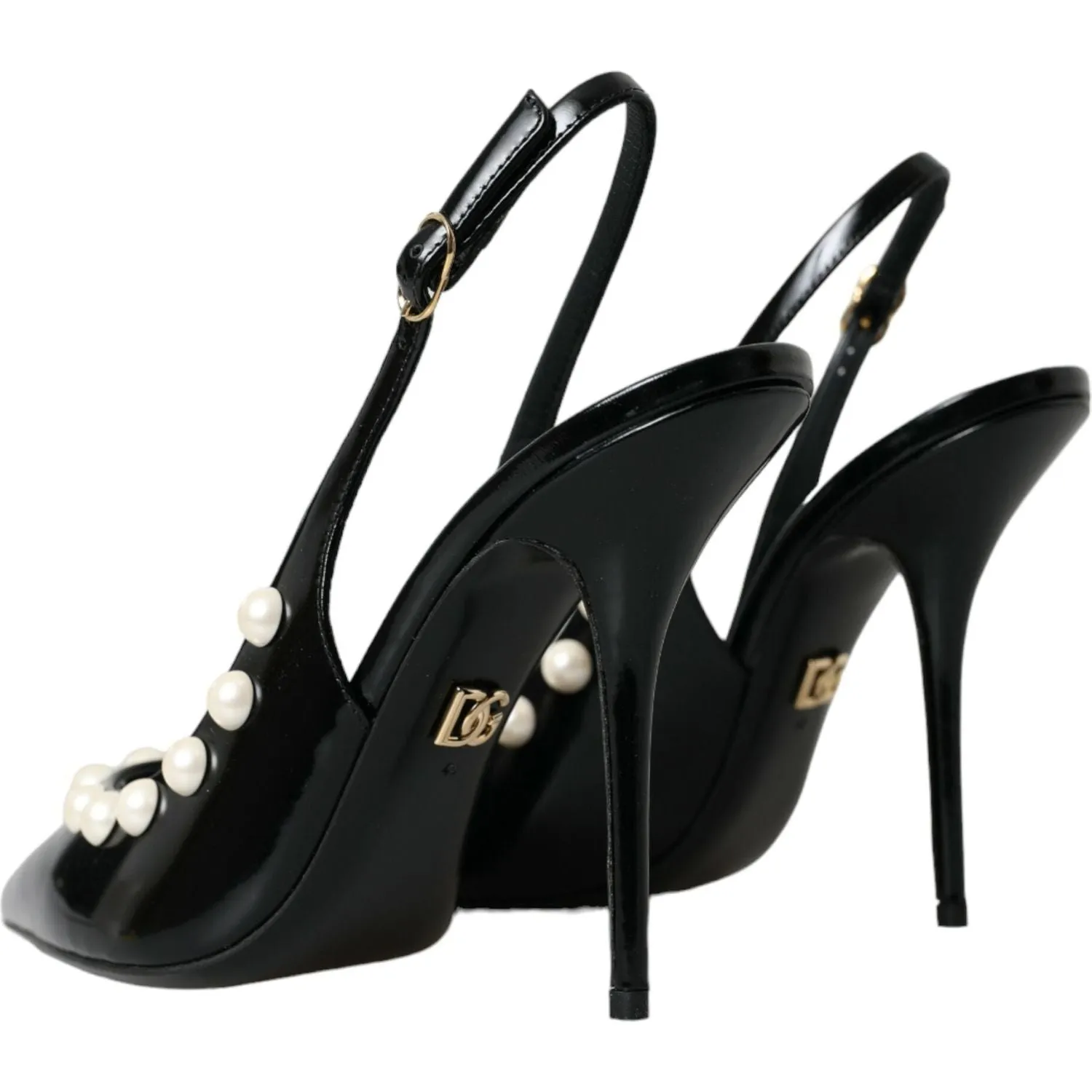 Dolce & Gabbana Black Leather Faux Pearl Heel Slingback Shoes