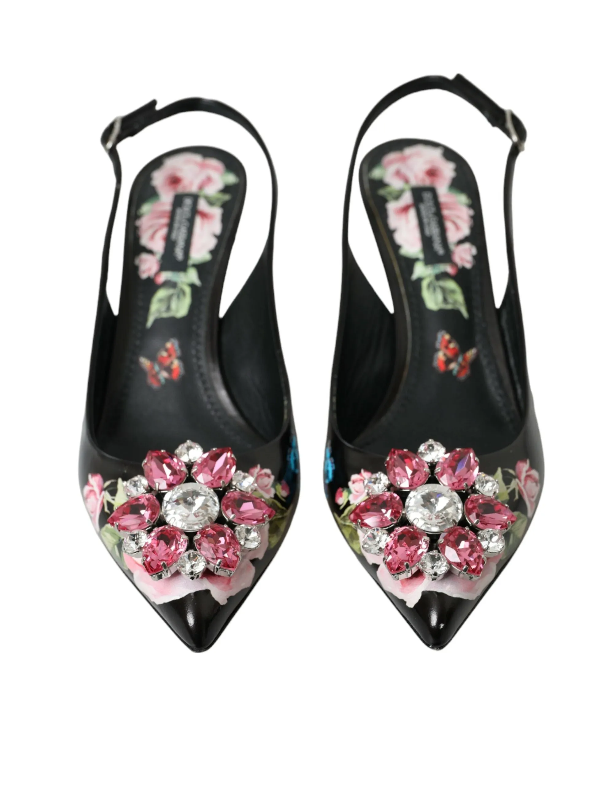 Dolce & Gabbana Black Roses Crystal Heels Slingback Shoes