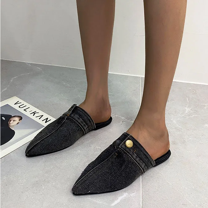 elveswallet Pointed Toe Denim Flat Slides