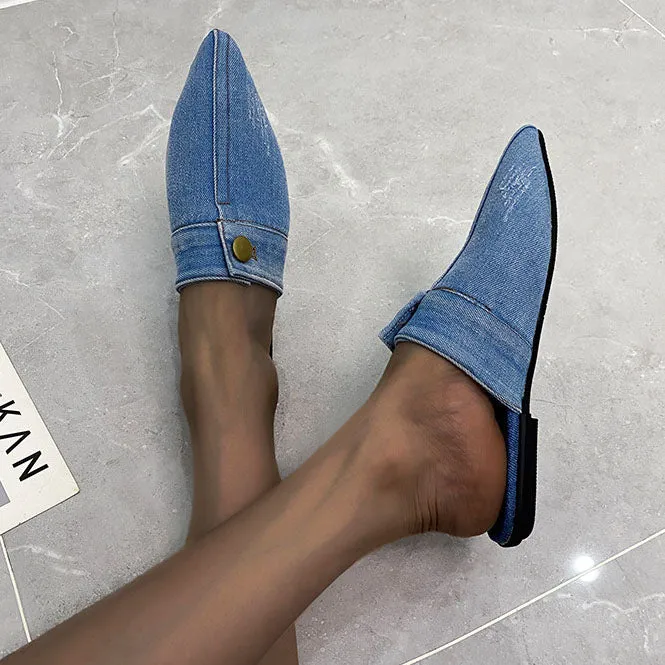 elveswallet Pointed Toe Denim Flat Slides