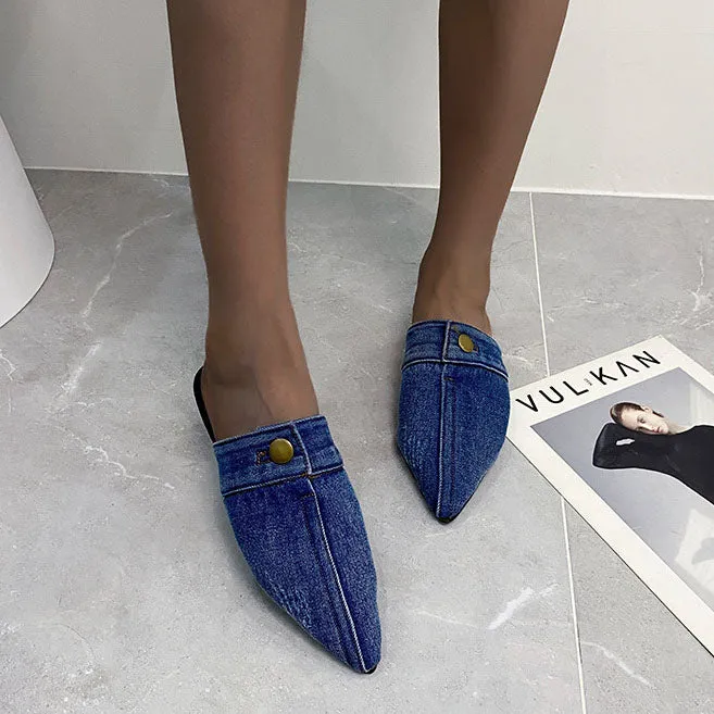 elveswallet Pointed Toe Denim Flat Slides