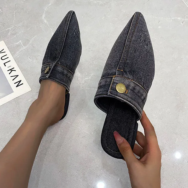 elveswallet Pointed Toe Denim Flat Slides