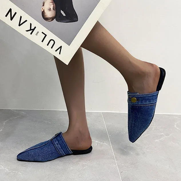 elveswallet Pointed Toe Denim Flat Slides