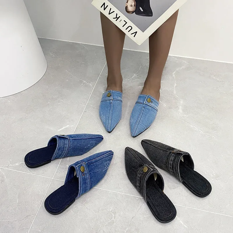 elveswallet Pointed Toe Denim Flat Slides