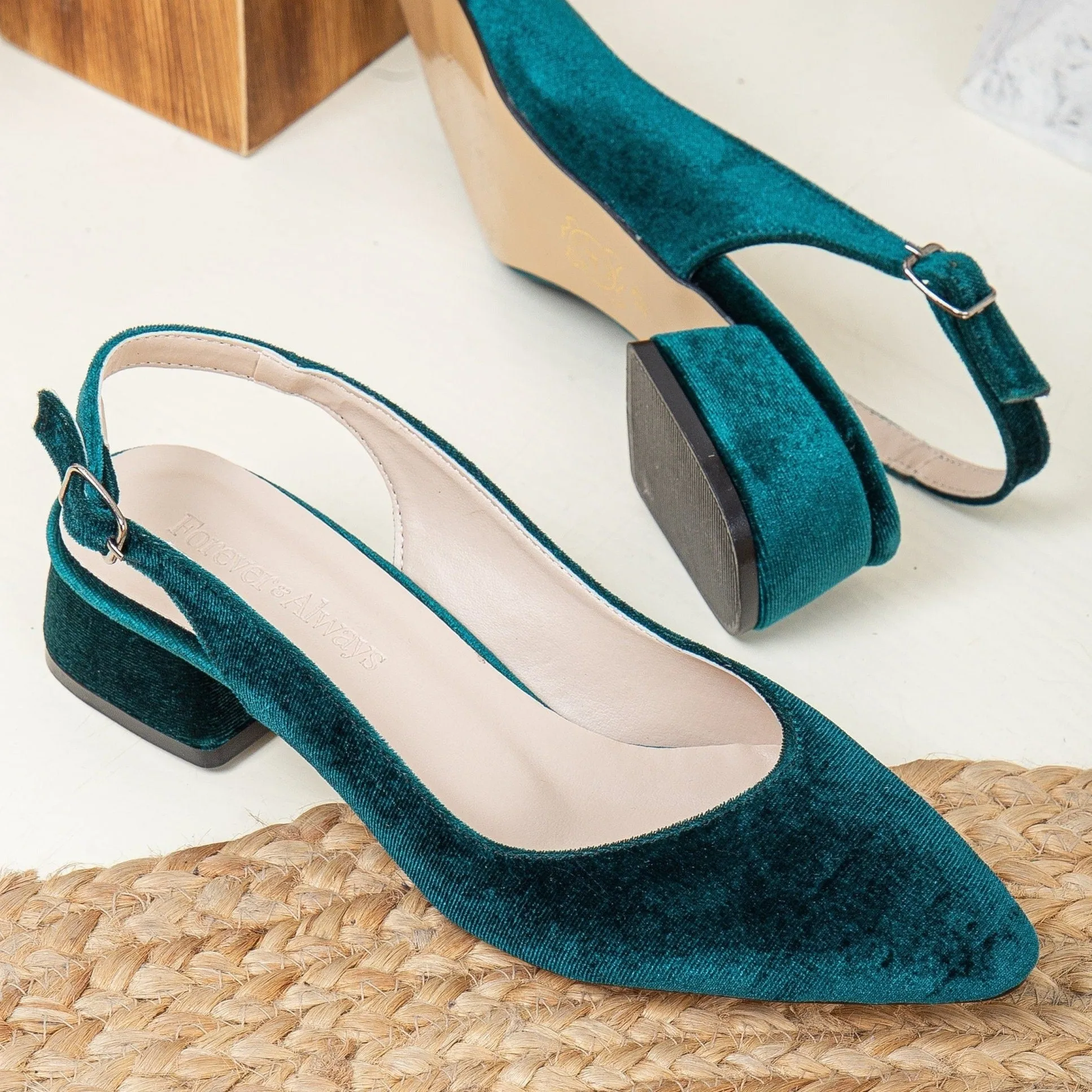 Emma - Green Velvet Slingback Shoes