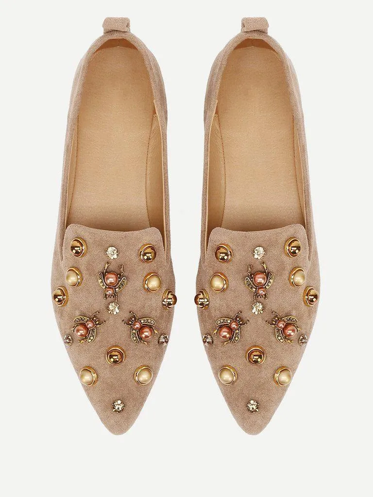 Faux Pearl Decorated Pointed Toe Flats