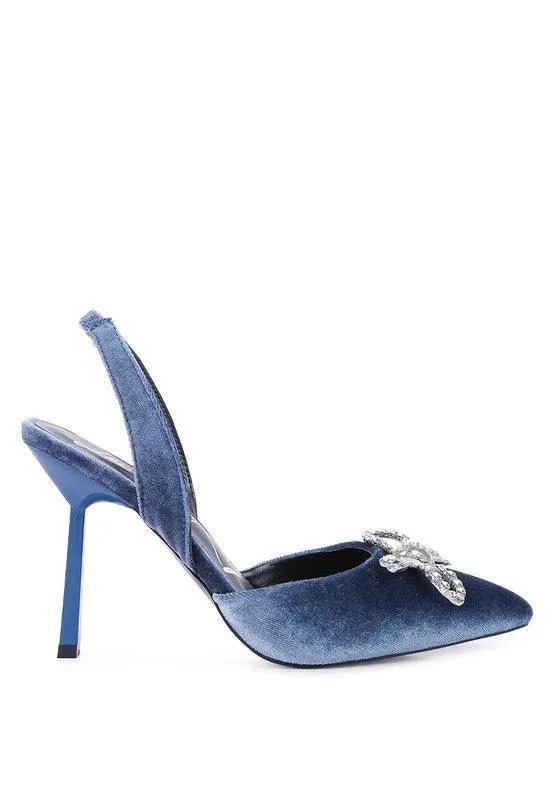 Firebird Velvet Diamante Heeled Slingback Mules