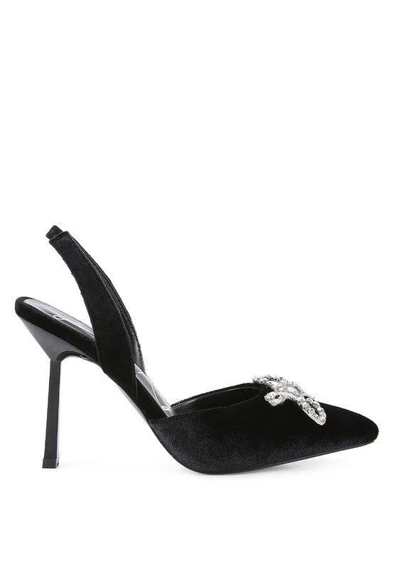 Firebird Velvet Diamante Heeled Slingback Mules