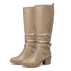 Khaki Faux Leather Almond Toe Faux Leather Buckle Knee High Boots