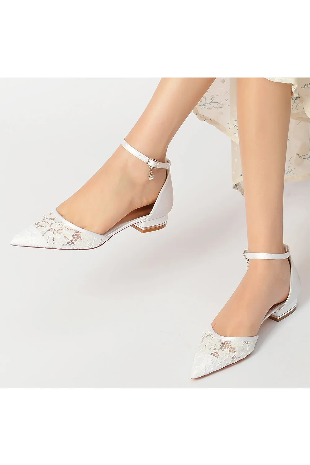 Lace Pointed Toe Ankle Strap Kitten Heels