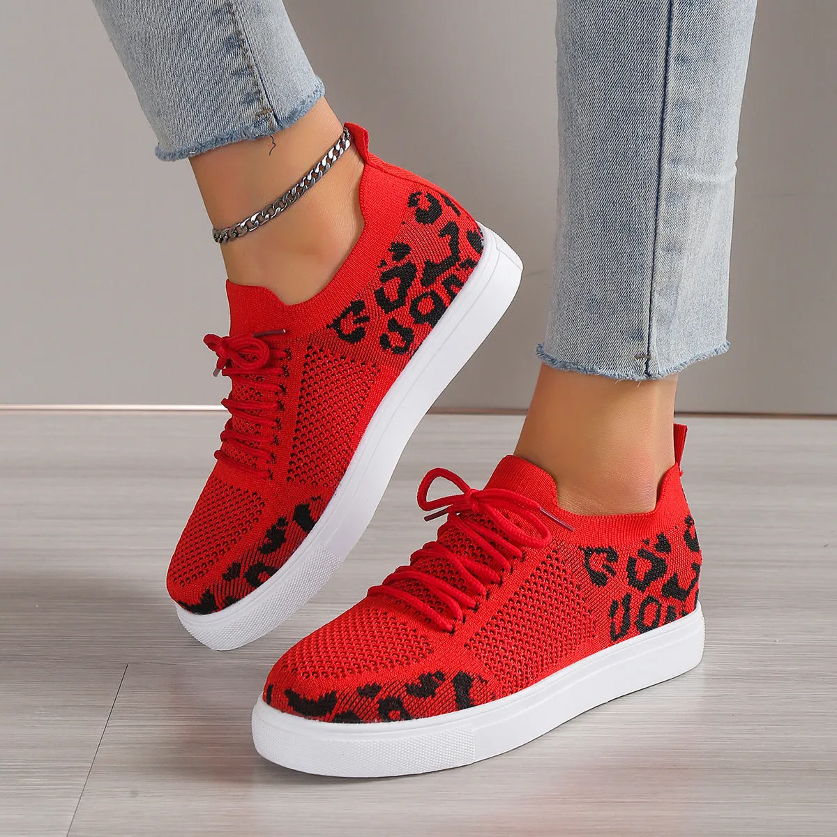 Leopard Knit Sneakers Color Contrasting Slip-on Flats Lace-up Shoes Breathable