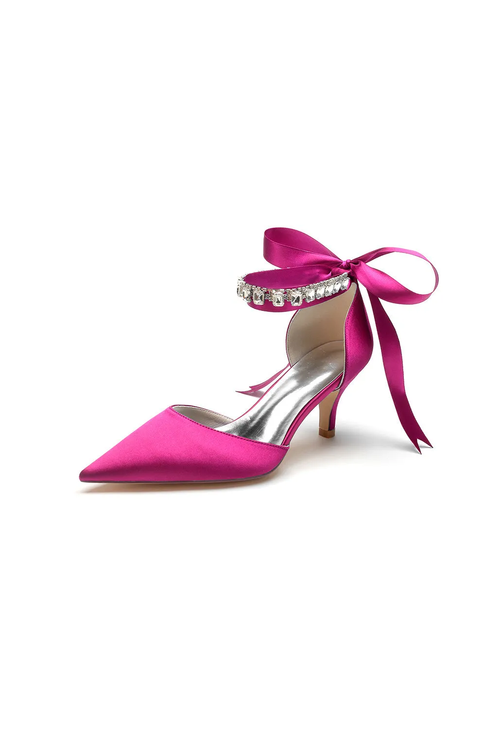 Pointed Toe Ribbons Kitten Heels With Diamond