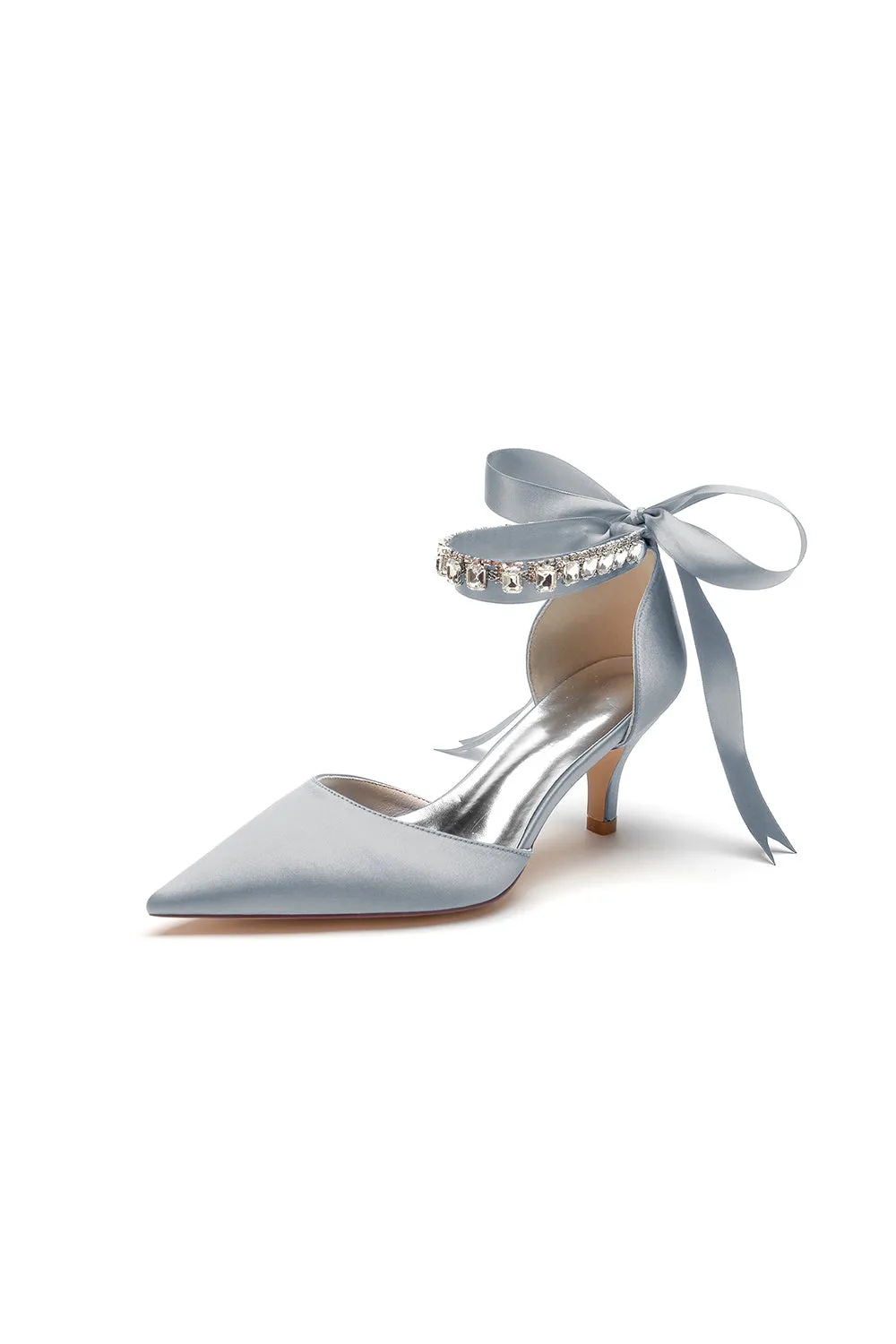 Pointed Toe Ribbons Kitten Heels With Diamond