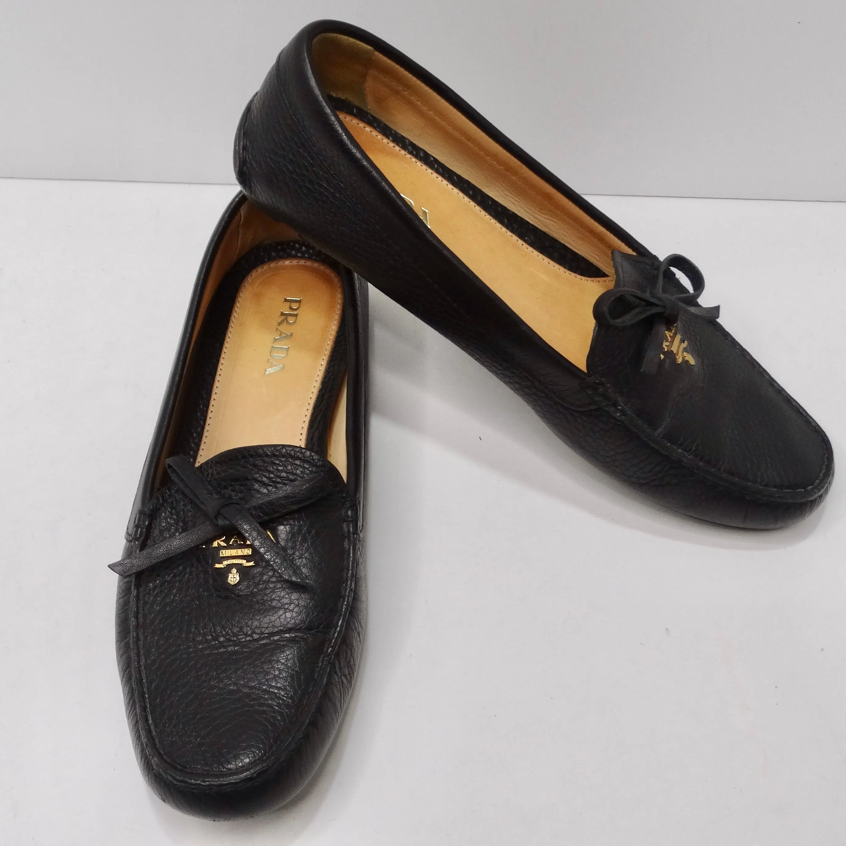 Prada Black Leather Bow Accent Slip On Loafers