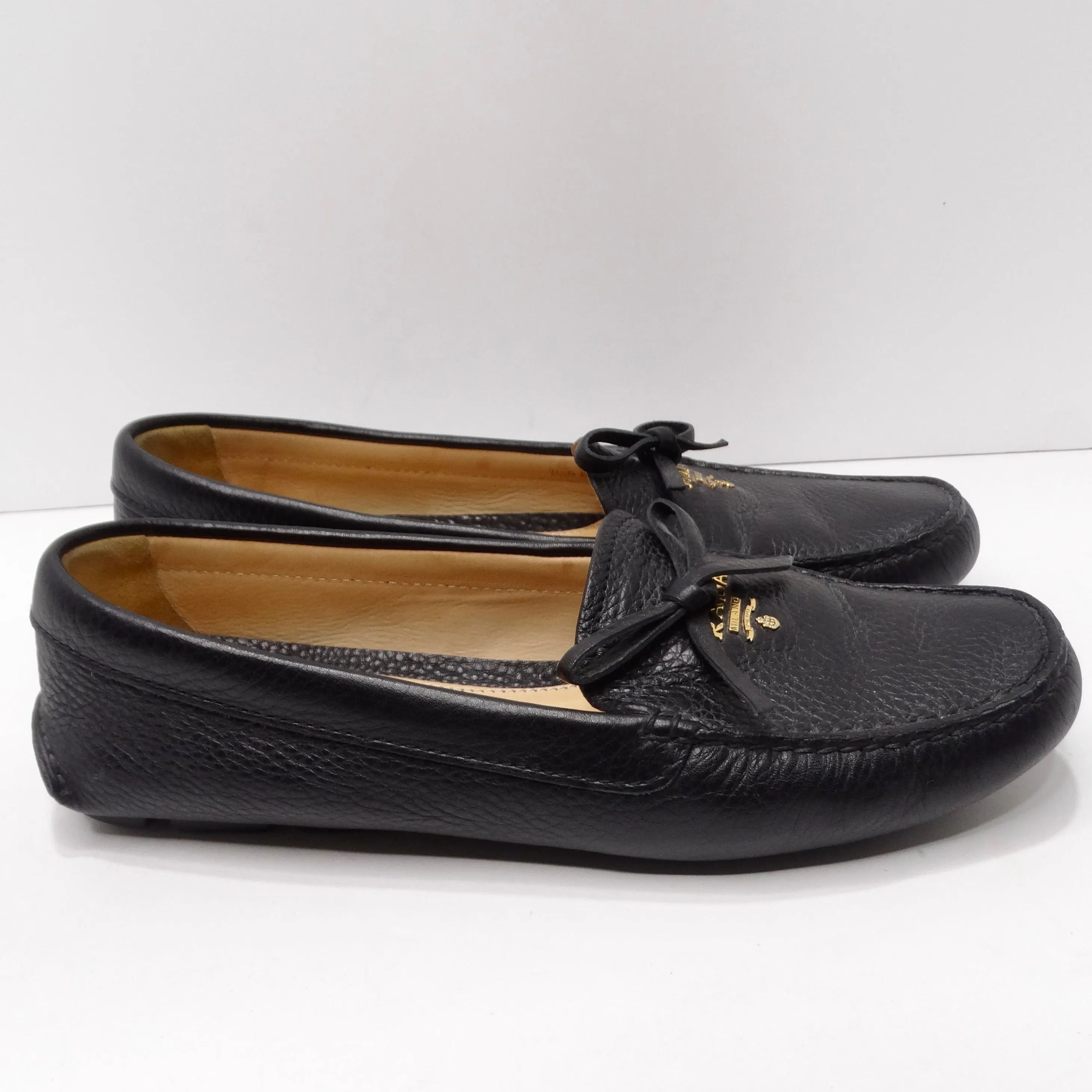 Prada Black Leather Bow Accent Slip On Loafers