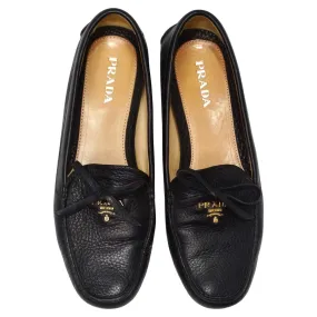 Prada Black Leather Bow Accent Slip On Loafers