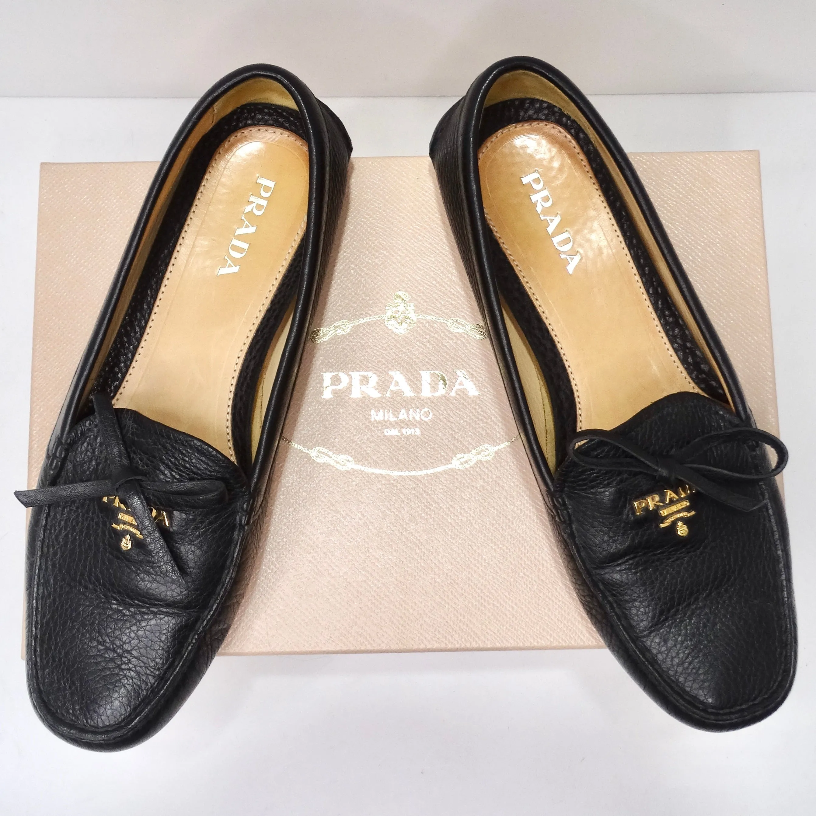 Prada Black Leather Bow Accent Slip On Loafers