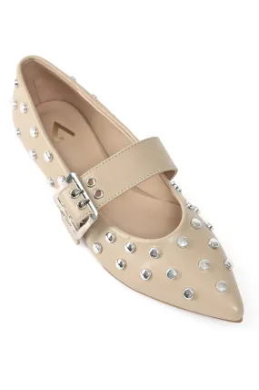 STUDDED POINTED FLATS-BEIGE