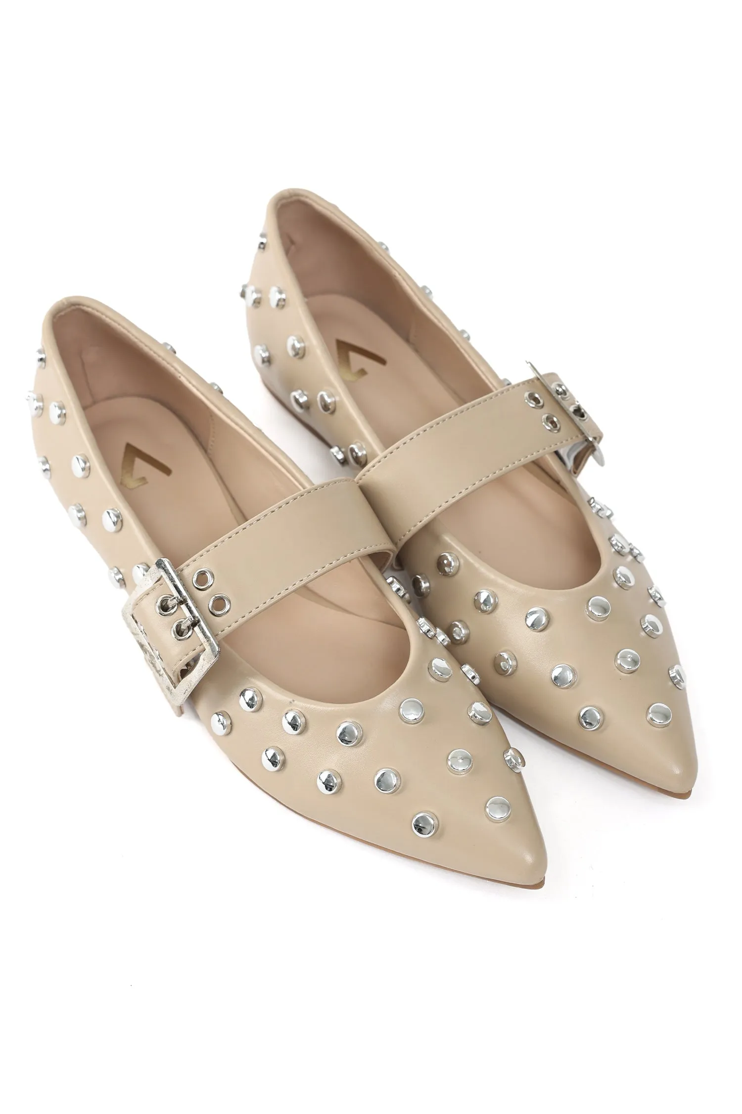 STUDDED POINTED FLATS-BEIGE