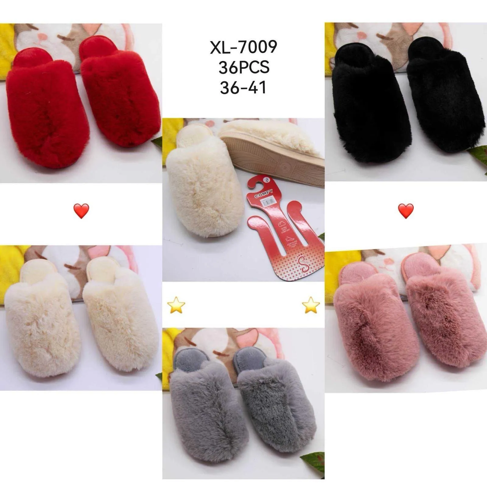 WOMENS MIXED COLOUR FAUX FUR FLUFFY SLIPPERS (PACK OF 36 PAIRS)