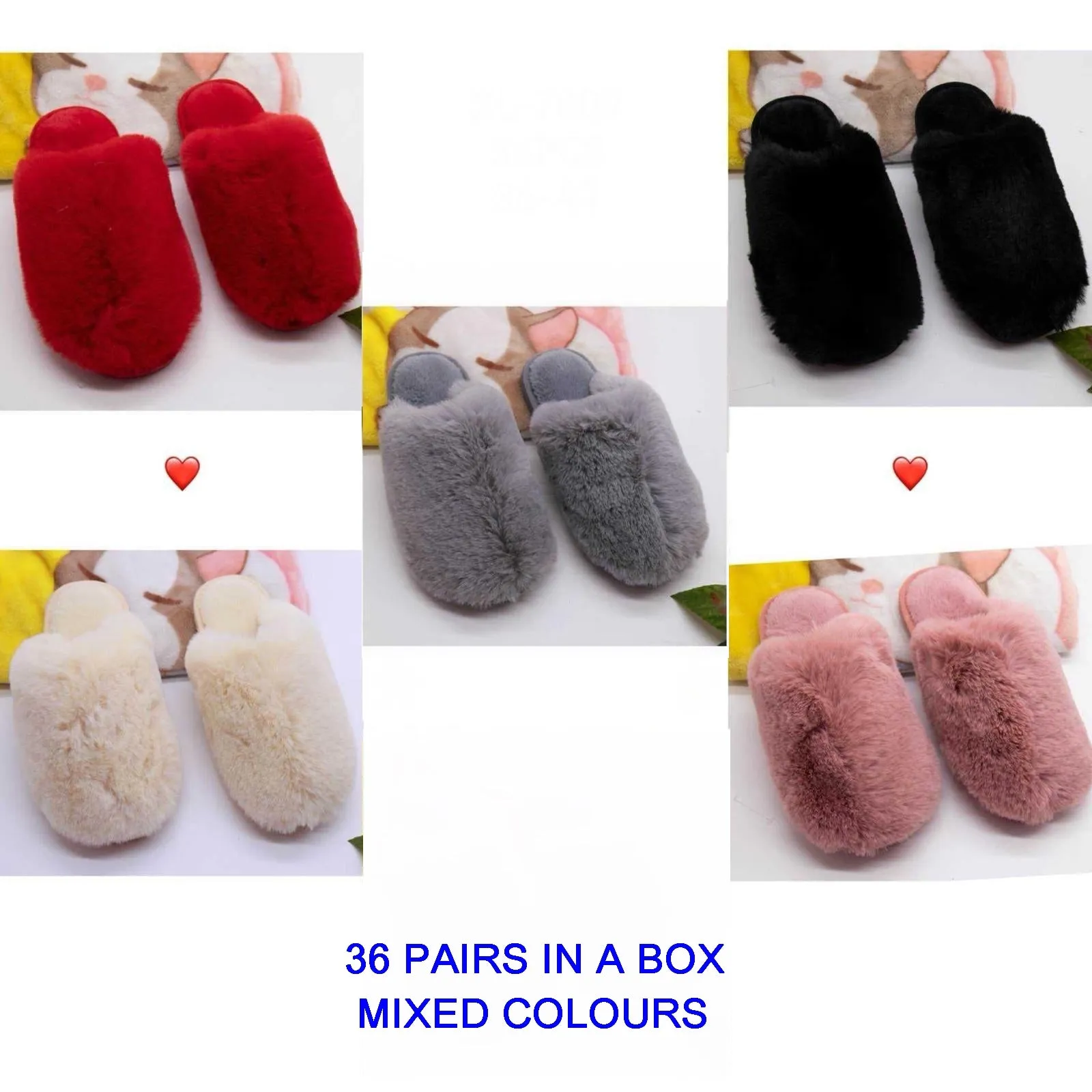 WOMENS MIXED COLOUR FAUX FUR FLUFFY SLIPPERS (PACK OF 36 PAIRS)